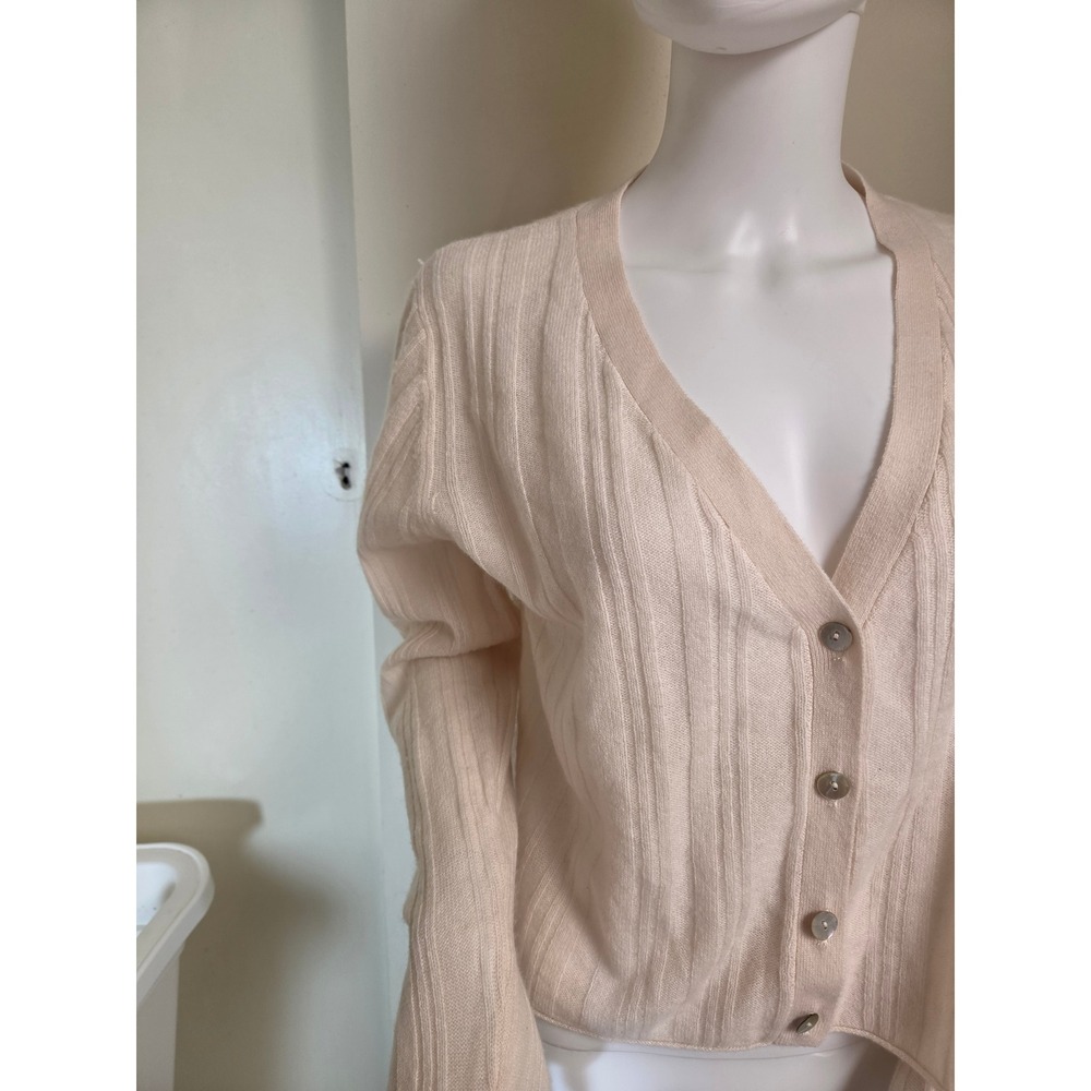 Crush Cashmere Women Cream Ribbed V-Neck Button Front Cardigan Sweater Size 1 - Picture 5 of 10